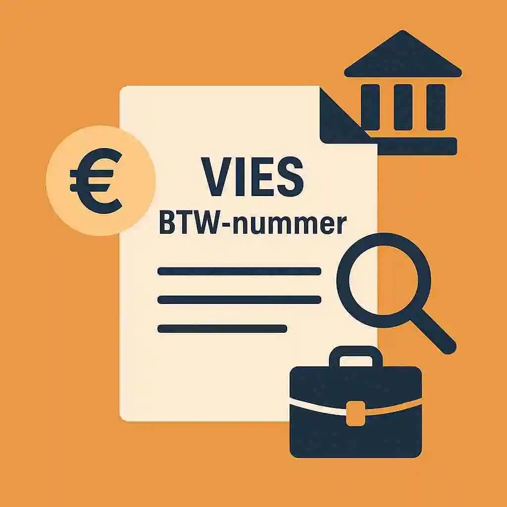 Een afbeelding van een document met het woord 'VIES', een BTW-nummer, een euroteken, een vergrootglas en een aktetas op een oranje achtergrond.